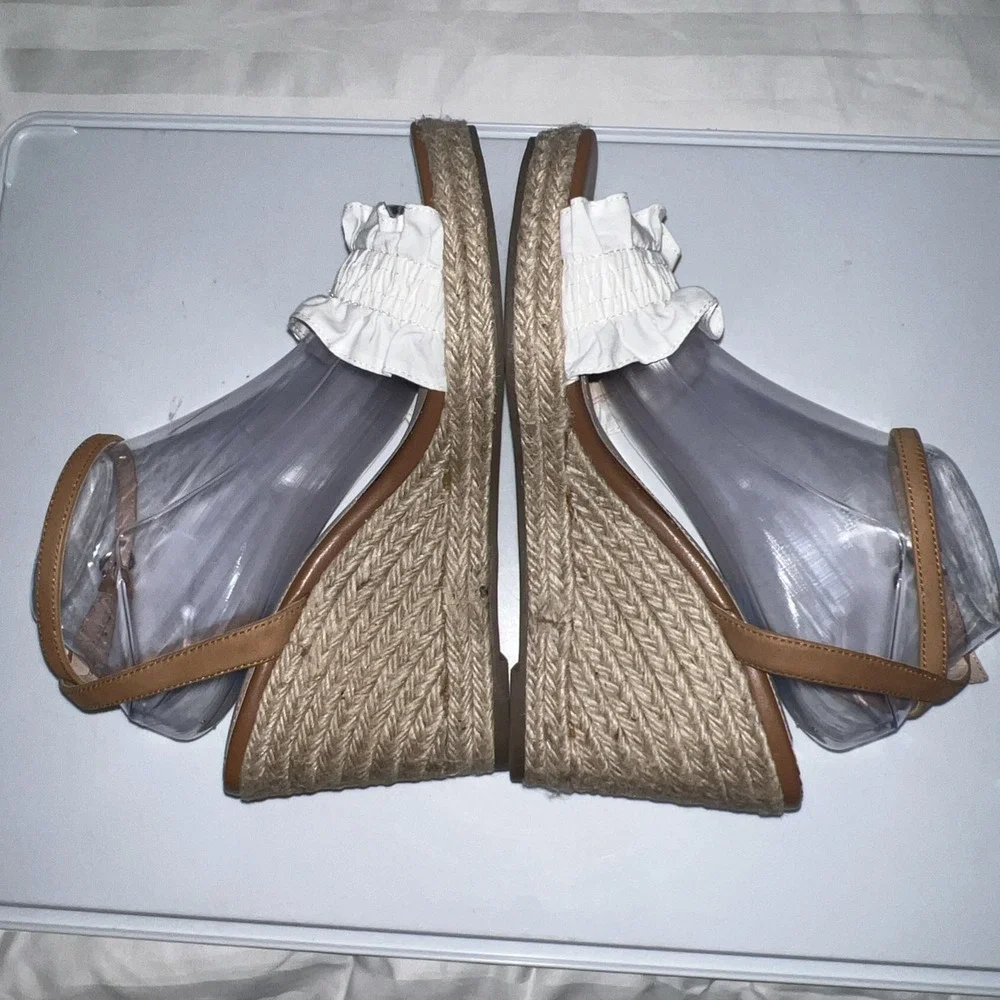 Draper James Abigail White Ruffle Espadrille Wedge Leather Sandals  Women 10